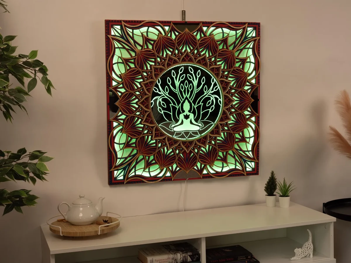 Lotus Mandala LED Duvar Sanatı: Katmanlı Ahşap, Bohem Meditasyon Dekoru